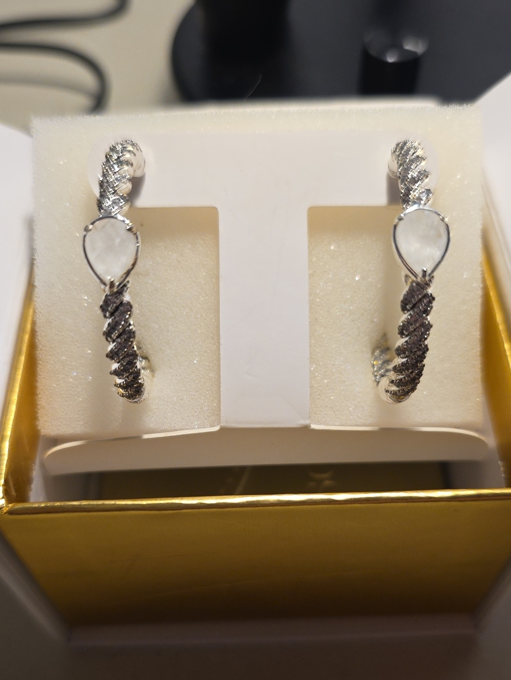 BP Resort Wear Silver Twisted Hoop Earrings with White Teardrop Stone